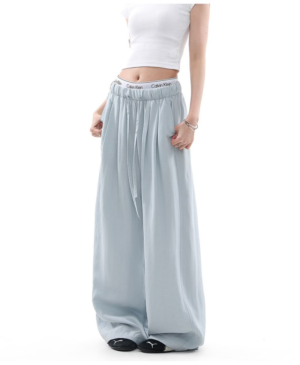 ICH MODE Women's Draped Linen Casual Pants New Loose Straight Wide-Leg Trousers Sports Pants Four Seasons Navy Blue S 7