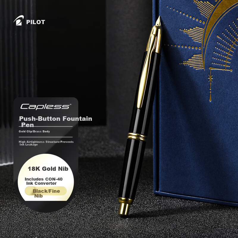 PILOT CAPLESS Retractable Fountain Pen Business Office Gift for Leaders Adult Pen (Gold Clip) F Nib Black FC-1500RG-F-B
