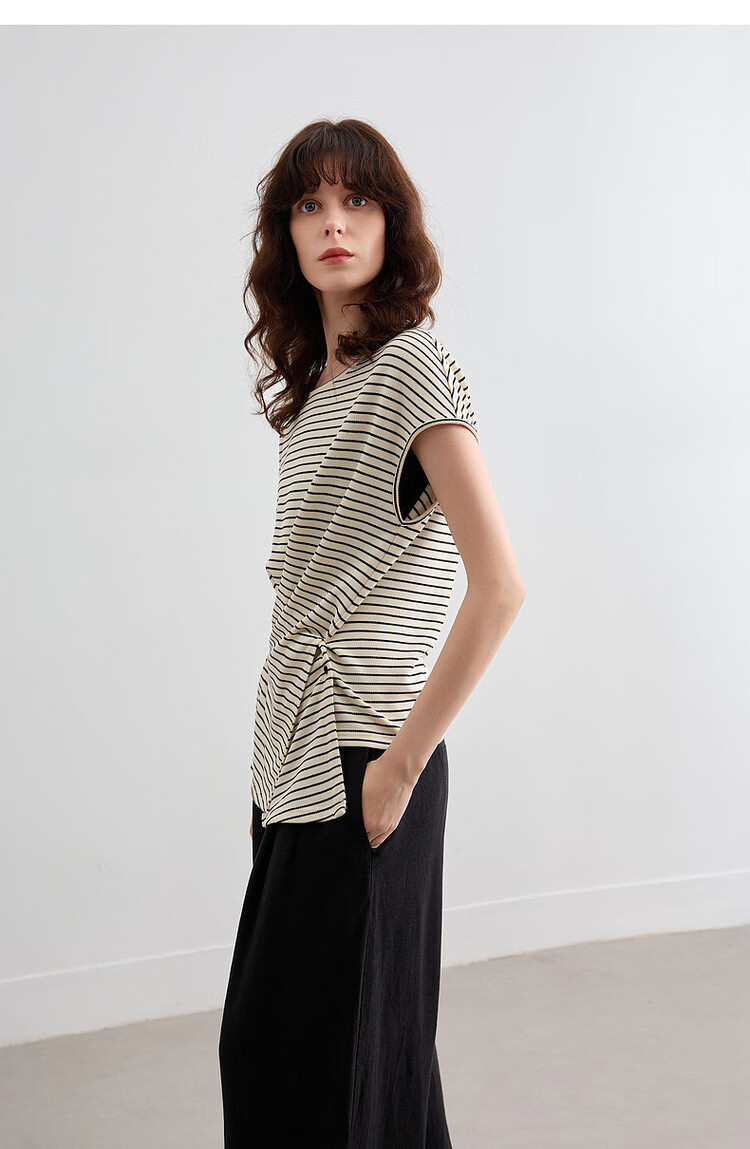 Demana [Mianyun Xiaoqi] Summer Simple Style Colorblock Striped Twist Round Neck Slim Fit Women's T-Shirt 18
