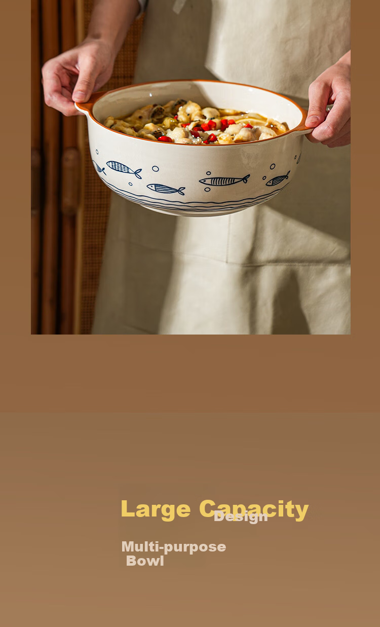 Shelly Vintage Ceramic Double-Handled Bowl Chinese Style Large Soup Bowl for Home Sauerkraut Fish and Spicy Hot Pot High-Temperature Underglaze Color Tableware 8