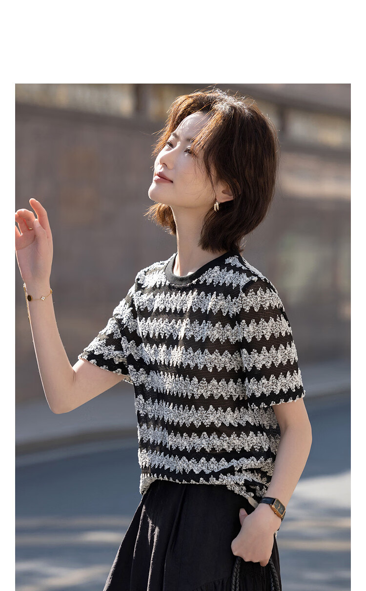 Demana Comfortable Stretch Summer Retro Colorblock Striped Round Neck Slimming T-Shirt for Women High-End Feel 9