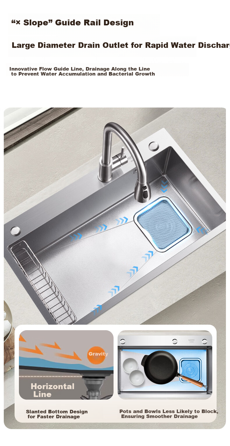 VATTI Kitchen Sink S3Pro Large Single Bowl Integrated Basin Dishwasher Sink Countertop Mid-Bottom Installation 304 Stainless Steel 13