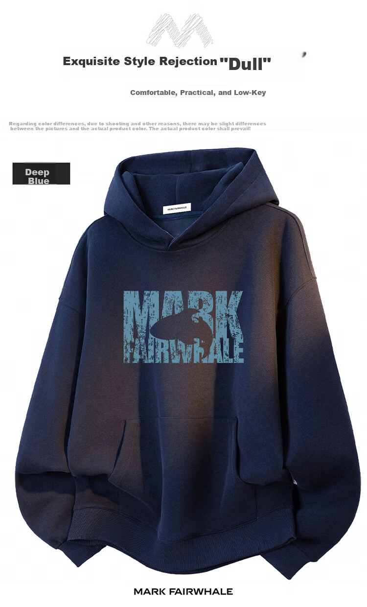 MARK FAIRWHALE Men's Hooded Sweatshirt Spring and Autumn Loose Printed Jacket Casual Couple's Deep Blue 2XL 5