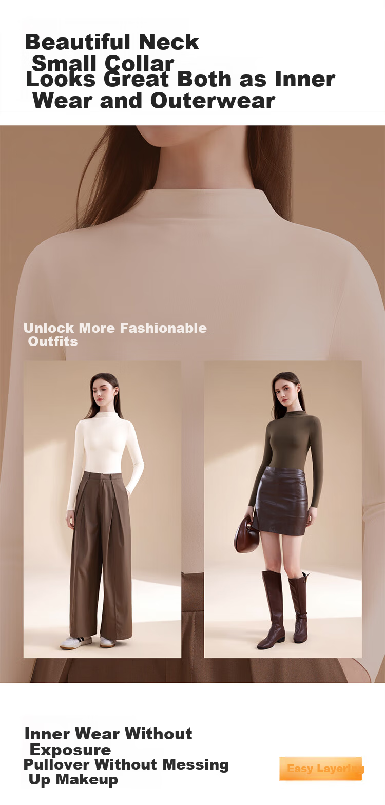 MiiOW Women's Wool Mid-Neck Base Shirt 2025 Autumn Winter Solid Color Slim Fit Long Sleeve Top 15