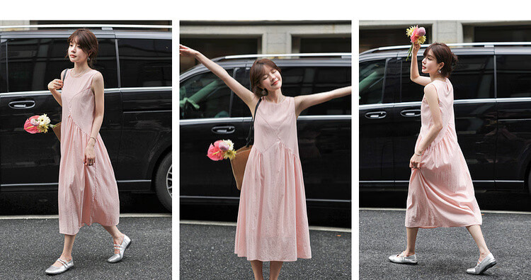 MT Light Oxygen Variations Summer Urban Elegant Round Neck Pleated Splicing Straight Sleeveless Long Dress for Women 6