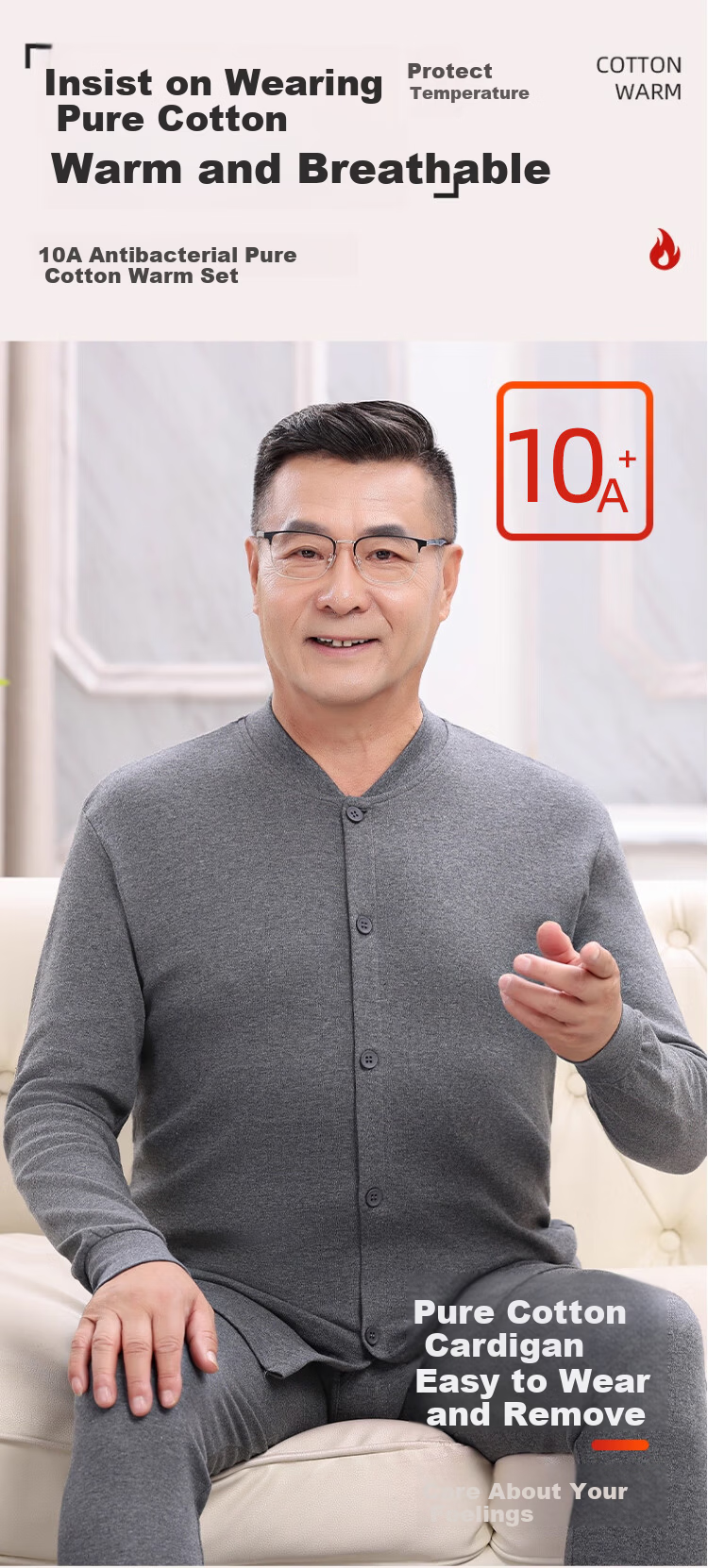 Caiyue Middle-aged and Elderly Men's Cardigan Dad Warm Underwear 100% Cotton 10A Antibacterial Elderly Autumn Shirt and Pants Set 1