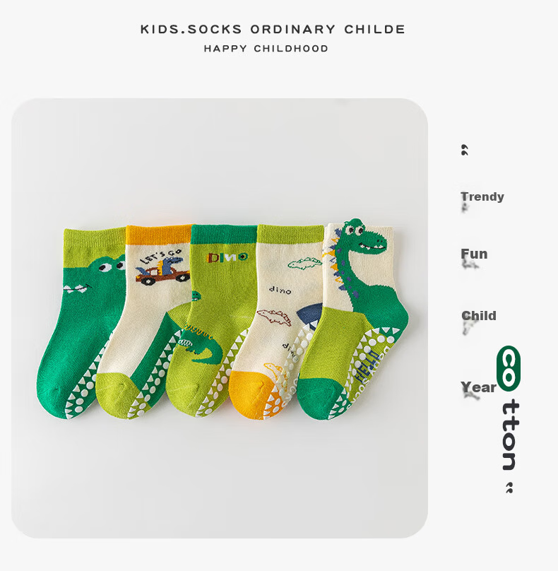 MiiOW Kids Non-Slip Anti-Cold Cotton Autumn Winter Boys Floor Socks Cartoon Green Dinosaur Sports Indoor Baby Socks 11