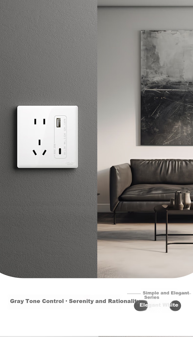 DELIXI 86-Type Ultra-Thin Glossy Large Panel CD260 White Five-Hole Socket with USB and Type-C 8