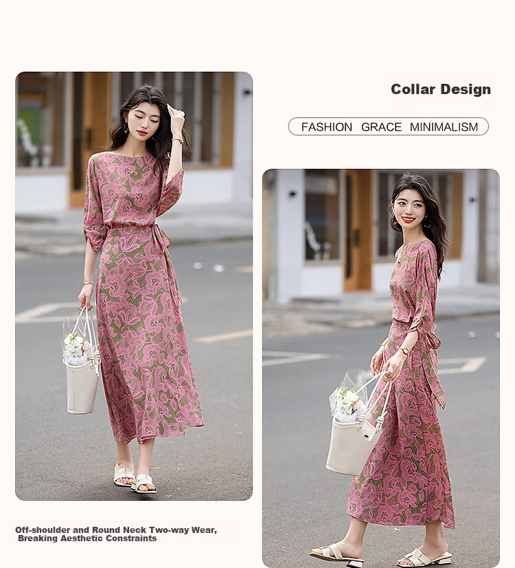 Dme One-Piece Waist-Tie Summer Off-Shoulder Tea Dress Flowing Composite Silk Floral Slimming Women's Dress 5