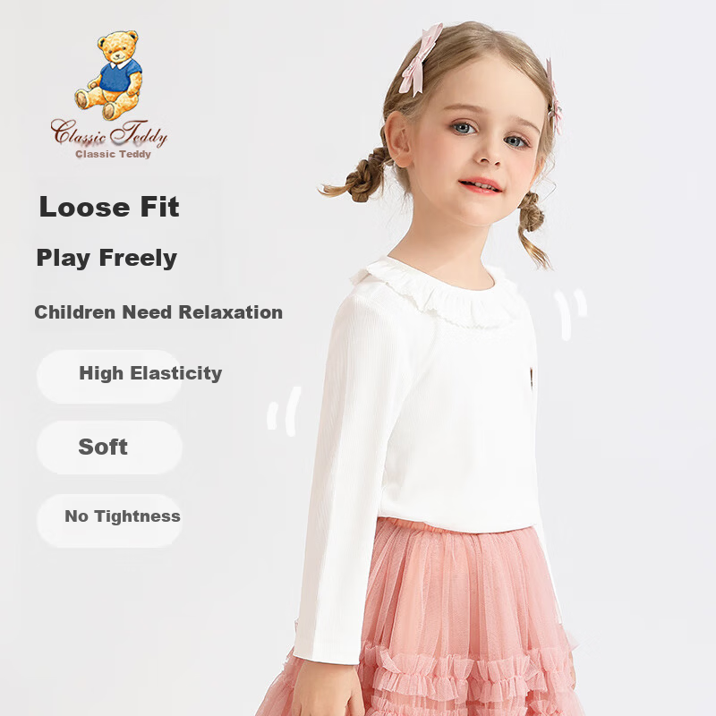 Classic Teddy Girls' Long Sleeve T-Shirt with Lace Collar, White, Size 130