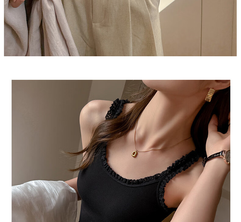 Modal Ribbed Cotton Camisole Tank Top for Women with Wheat Ear Lace Trim Slim Fit Basic Outerwear in Beige 17
