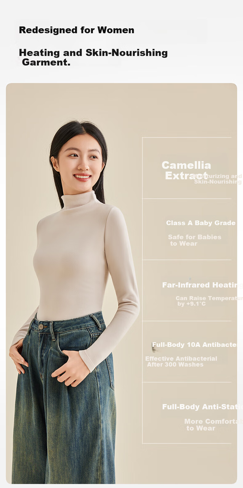 Borui Camellia Oil Moisturizing Boat Neck Base Shirt 10A Antibacterial Mite-Resistant Women's Thermal High Elastic Soft Slim Fit Top 3