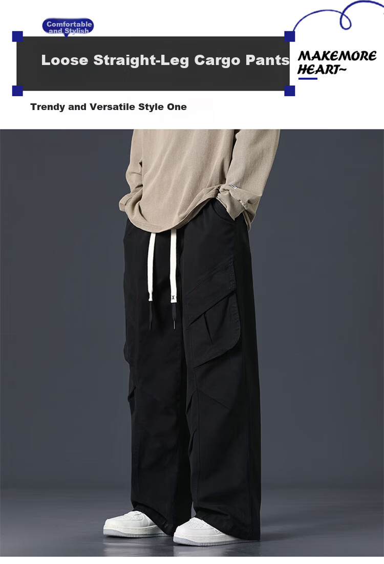 I'M DAVID Men's Khaki American Casual Work Pants Spring Autumn Straight Loose Wide-Leg Long Pants Black XL 1