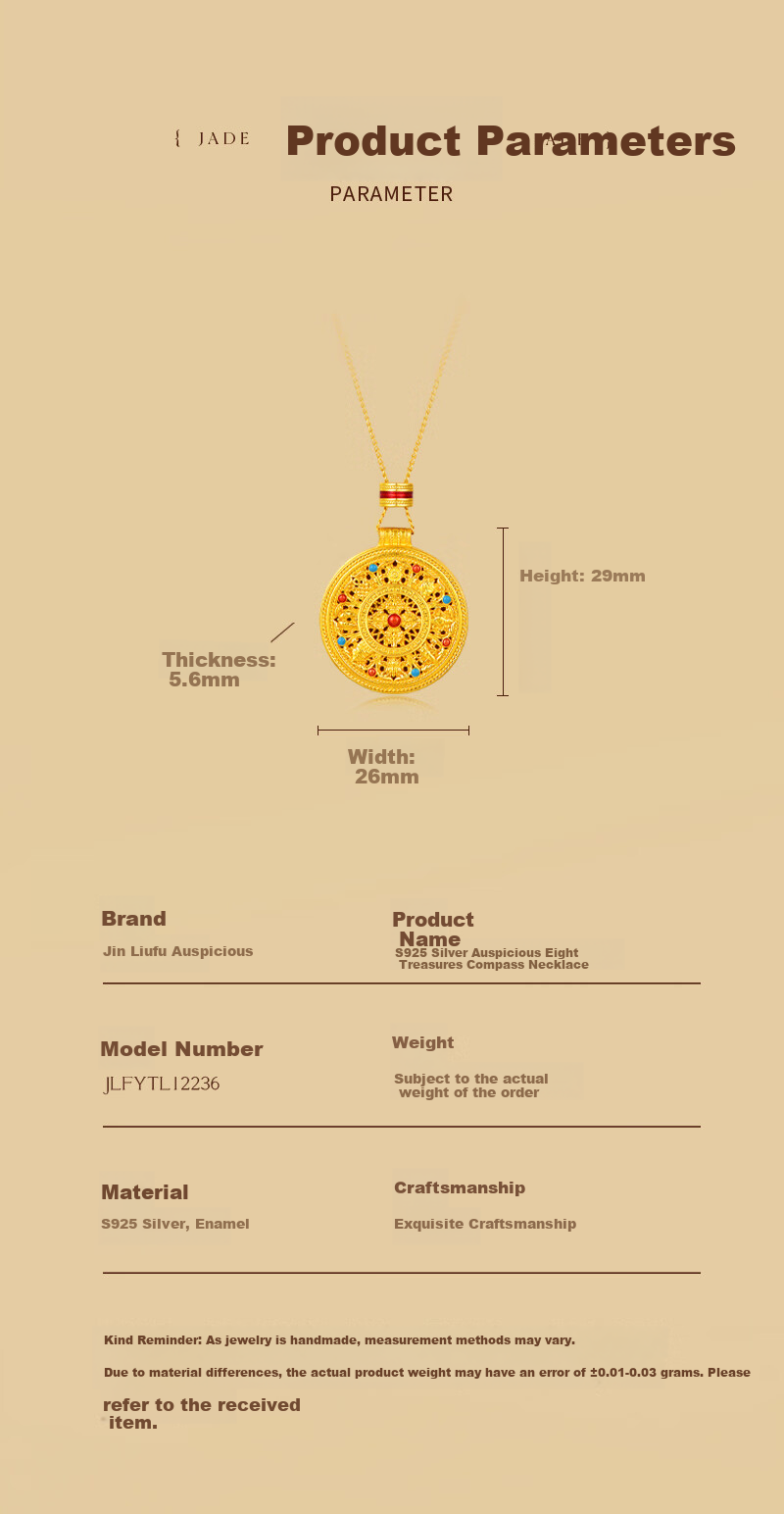 Jinliufu Auspicious Necklace for Women S925 Silver Eight Treasures Compass Enamel Filigree Hollow Pure Silver Pendant Birthday Gift for Girlfriend 2
