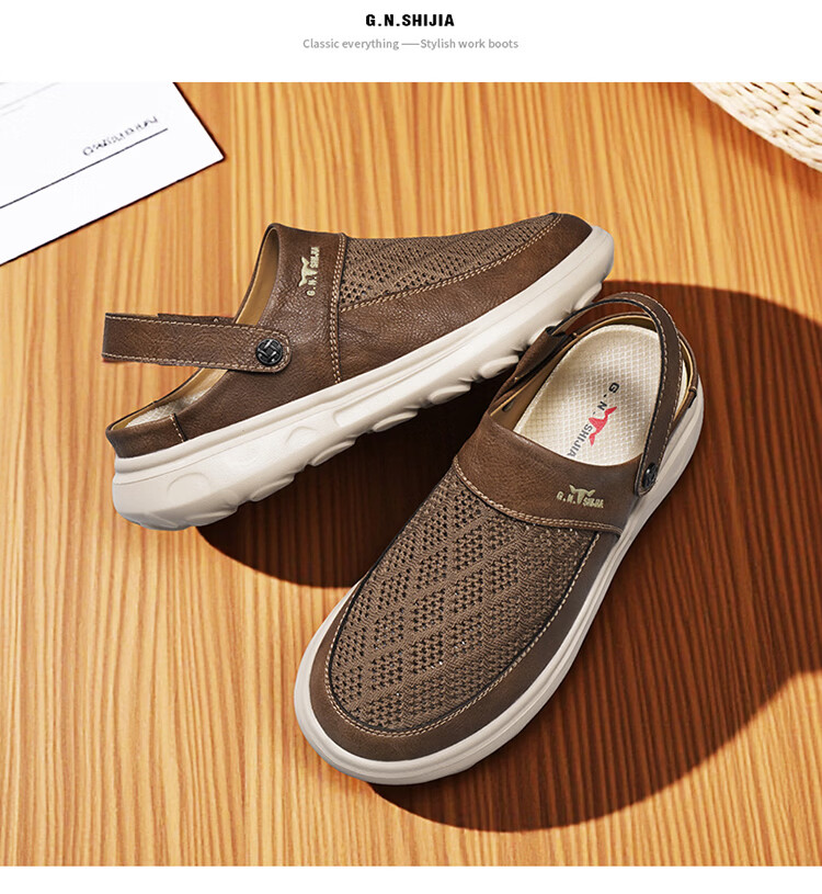 Bull Family Men's Summer New Breathable Hollow Toe Sandals Versatile Slippers Men's Mesh Beach Shoes Two-Way Clog Shoes 21