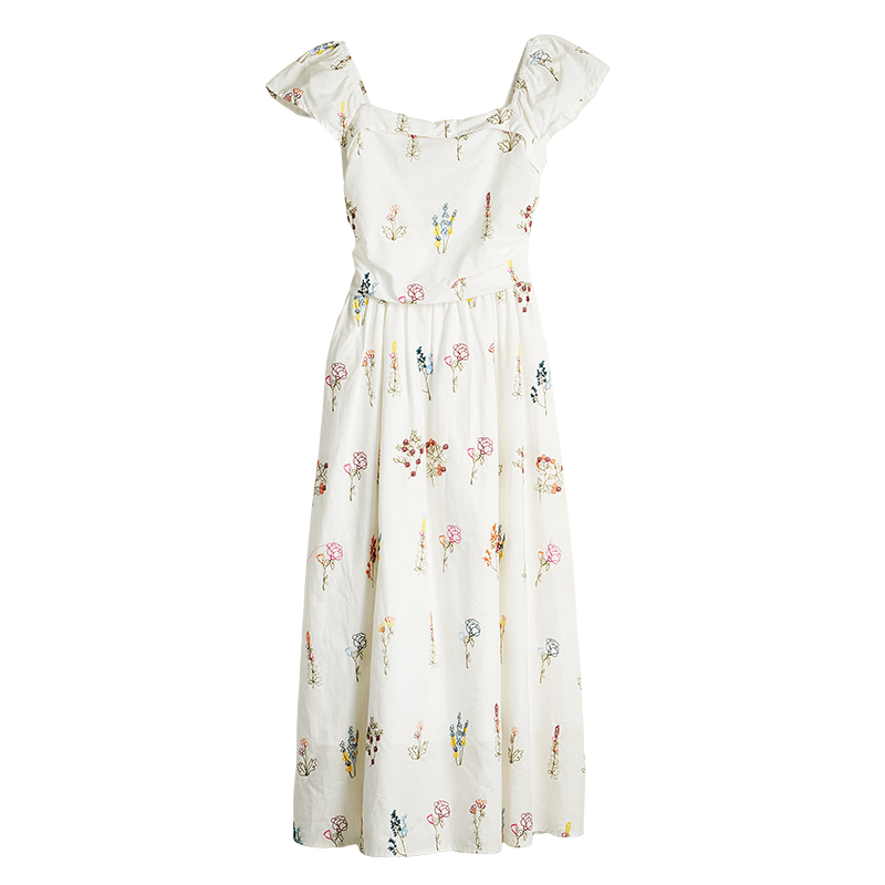 Olrain Women's Summer New Square Neck Puff Sleeve Floral Heavy Embroidery Waist Dress Colorful XL