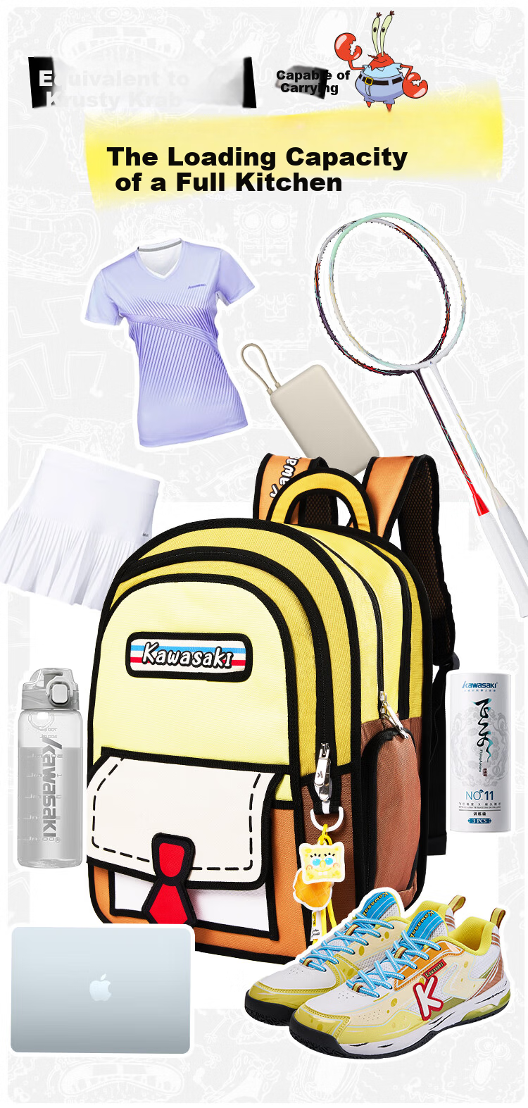 KAWASAKI SpongeBob Collaboration Cartoon Badminton Sports Backpack C8163 SpongeBob Yellow 2
