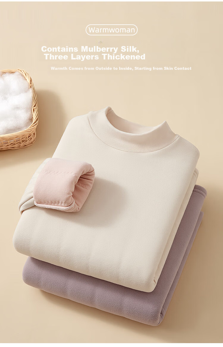 Tingmei [Triple Silk] Fleece-Lined Thickened Half Turtleneck Base Layer Top Women's Autumn Winter Thermal Underwear Shirt 2