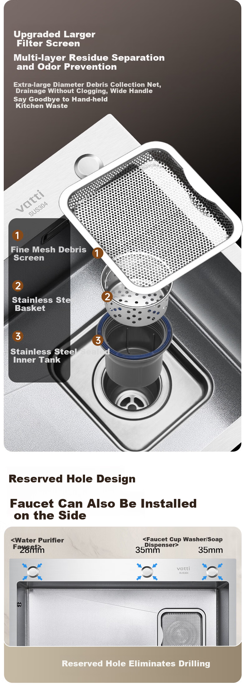 VATTI Kitchen Sink S3Pro Large Single Bowl Integrated Basin Dishwasher Sink Countertop Mid-Bottom Installation 304 Stainless Steel 17