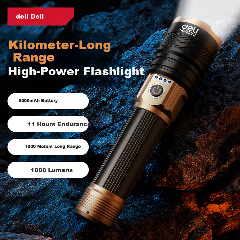 Deli Flashlight High Brightness Zoomable Long-Range Laser Compact Ultra-Long Battery Rechargeable for Home Military Outdoor Survival