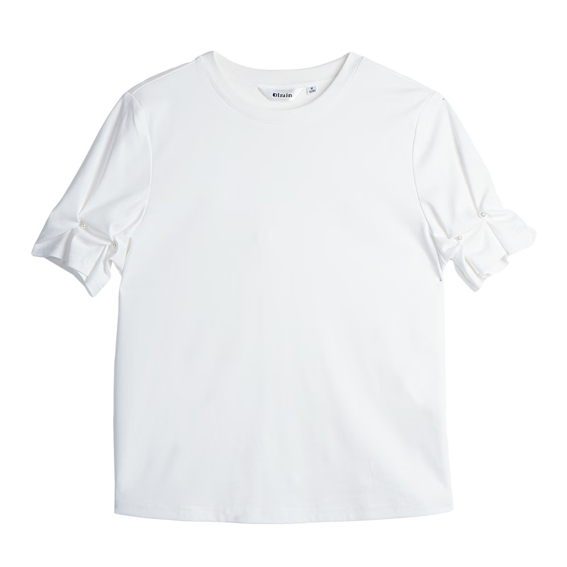 Olrain Eurielle Summer New Ribbed Crew Neck Deconstructed Gathered Cuff Short Sleeve T-Shirt Women Top Off-White XL