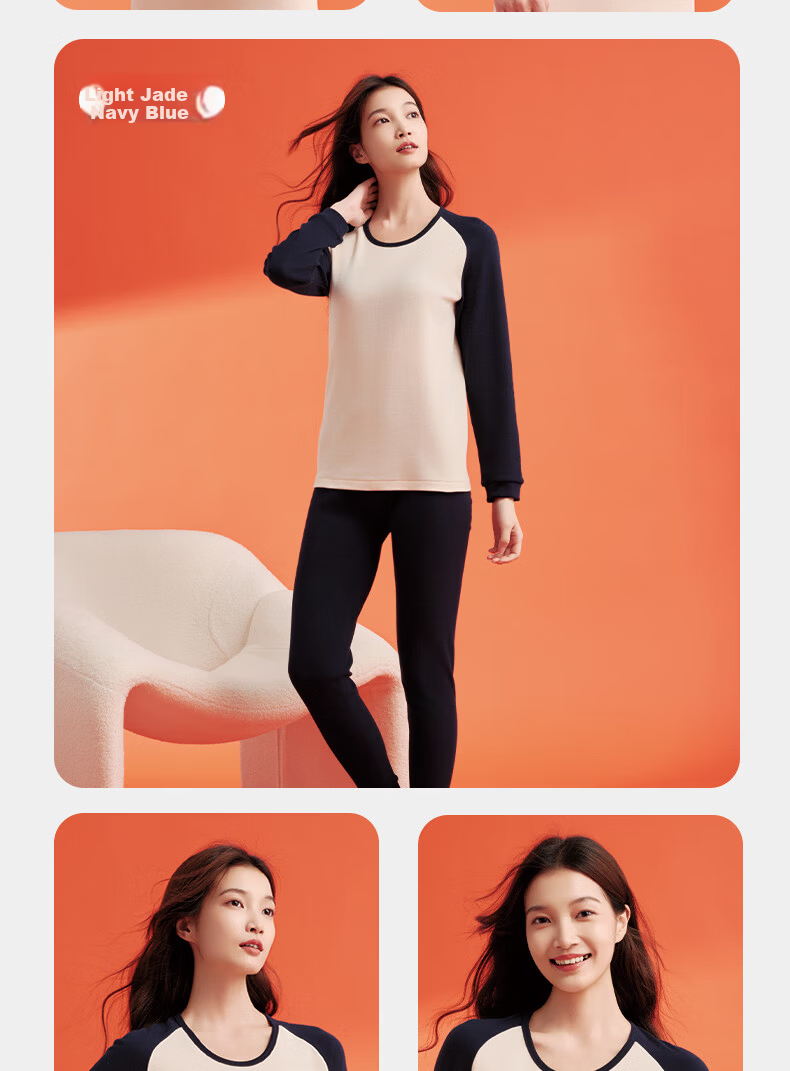 Yiershuang 100% Cotton Thermal Underwear Women Raglan Colorblock Crew Neck Autumn Top and Bottom Set Cotton Sweater Pants 19
