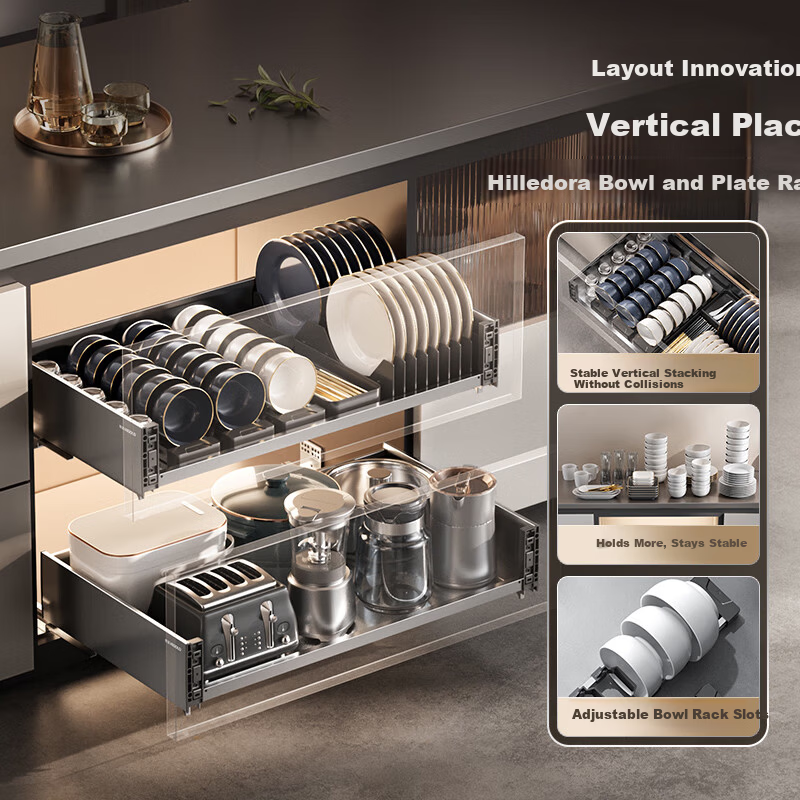 HIGOLD Kitchen Cabinet Pull Basket Multi-Drawer Stainless Steel Dish Rack Double Layer 600 Cabinet