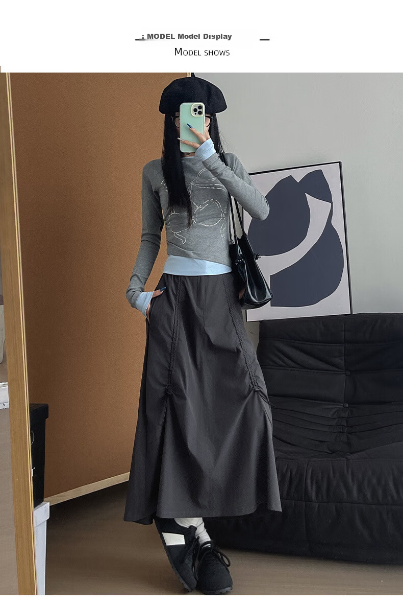 Langsha Gray Workwear Skirt for Women Summer 2026 New High Waist Drawstring A-Line Flared Slim American Casual Half Skirt 9