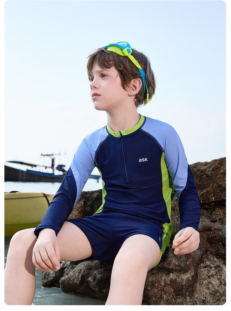 ASK JUNIOR Kids Swimwear with Swim Cap Summer Boys Two-Piece Long Sleeve Swimsuit and Shorts Set Professional Training Suit 10