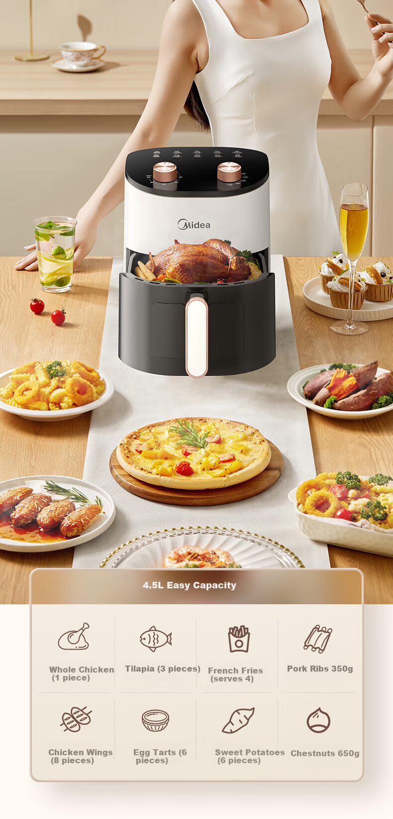 Midea Air Fryer 4.5L Home Use Visible Large Capacity Fully Automatic No Flip Oven Dual Knob Easy Control [KZE4588TQ] Offline Model 3