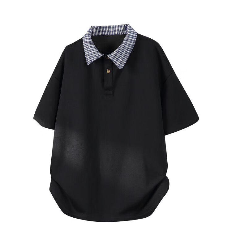 Dingfengbaoluo Men's Summer Polo Shirt Fake Two-Piece Plaid Shoulder Splicing Casual Short Sleeve NUO40 Black 2XL 6