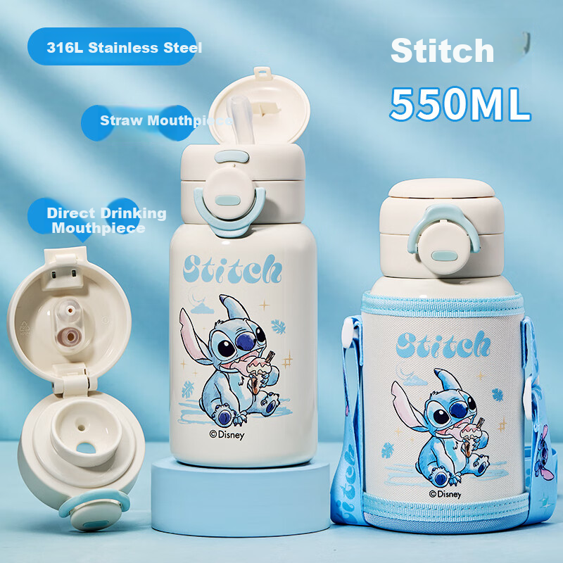 Disney Kids Insulated Double-Drink Straw 316L Large Capacity Water Bottle Portable Drinking Cup for Kindergarten Boys and Girls Elementary Students