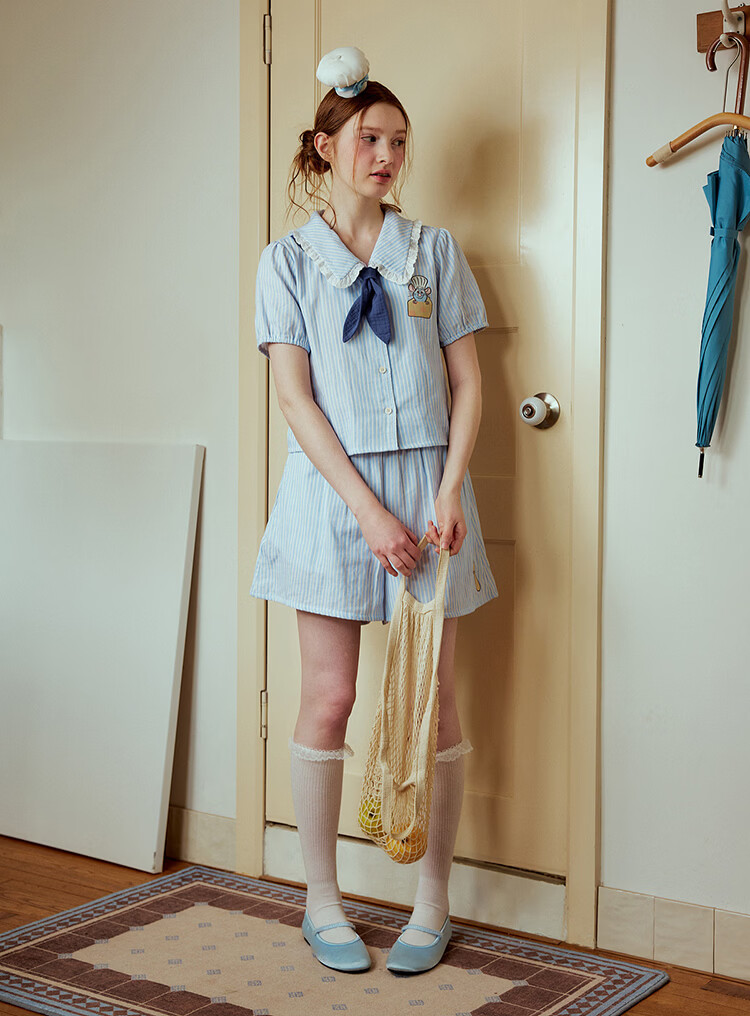 Gukoo Women's Summer Pajamas Ratatouille Doll Collar Nightdress Pure Cotton Jumpsuit Homewear Set Light Mist Blue S 15