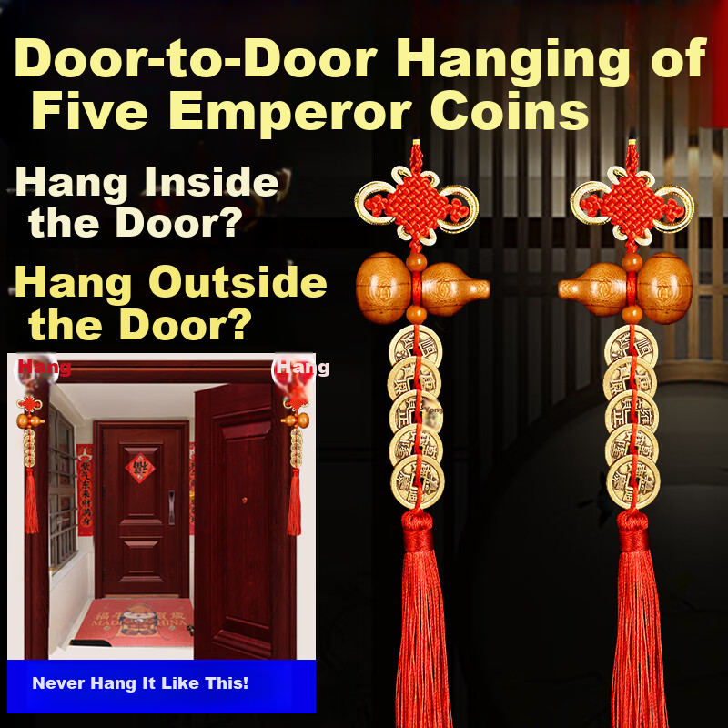 Feng Shui Pavilion Five Emperor Coins Door-to-Door Hanging Peach Wood Gourd Copper Coin Decoration for Main Door Bedroom Bathroom