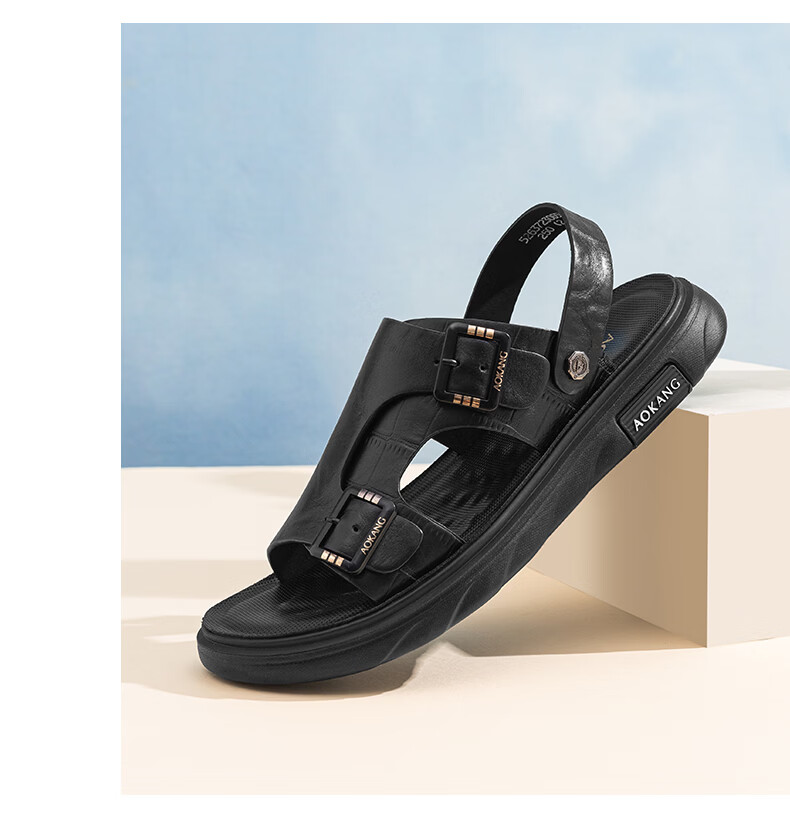 Aokang First Layer Cowhide Men's 2026 New Summer Breathable Leather Sandals Black Size 41 8