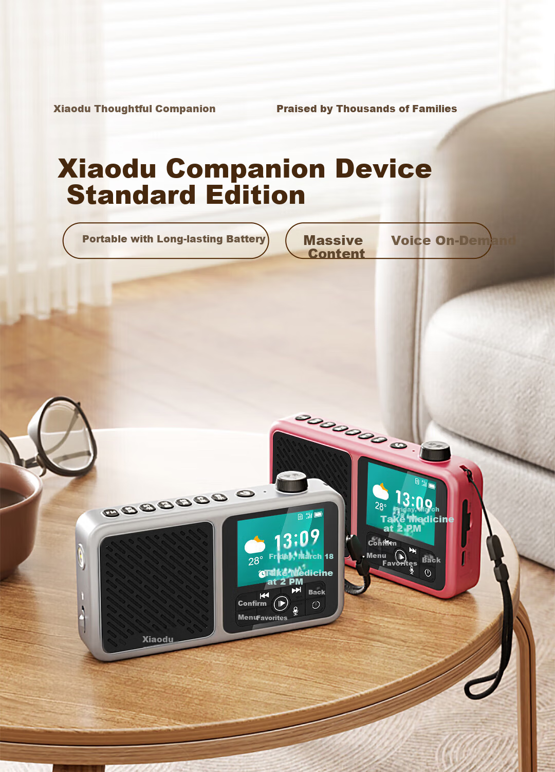 Xiaodu Elderly Companion Device Portable Outdoor Charging Card Smart FM Radio Senior Phone Voice On-Demand Massive Audio Resources Gift for Parents Family Elders Red 2