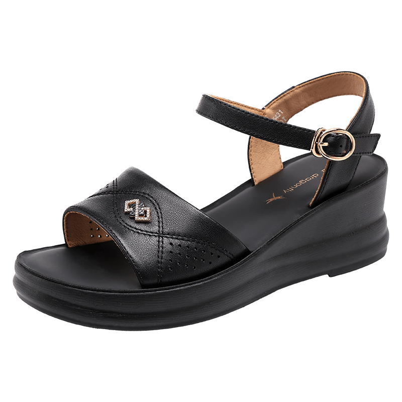 Red Dragonfly Women's Summer Sandals Thick Soft Sole Non-slip Middle-aged and Elderly One-strap Shoes WTK265431 Black Size 36