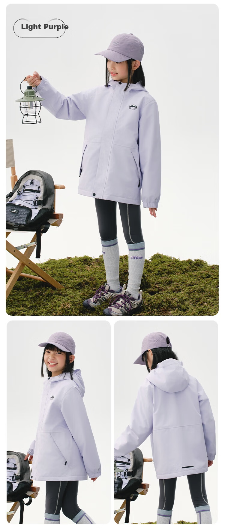 JD Jingzao Kids Fleece Lined 3-in-1 Windproof Waterproof Outdoor Jacket for Older Children Lavender Purple 140 14