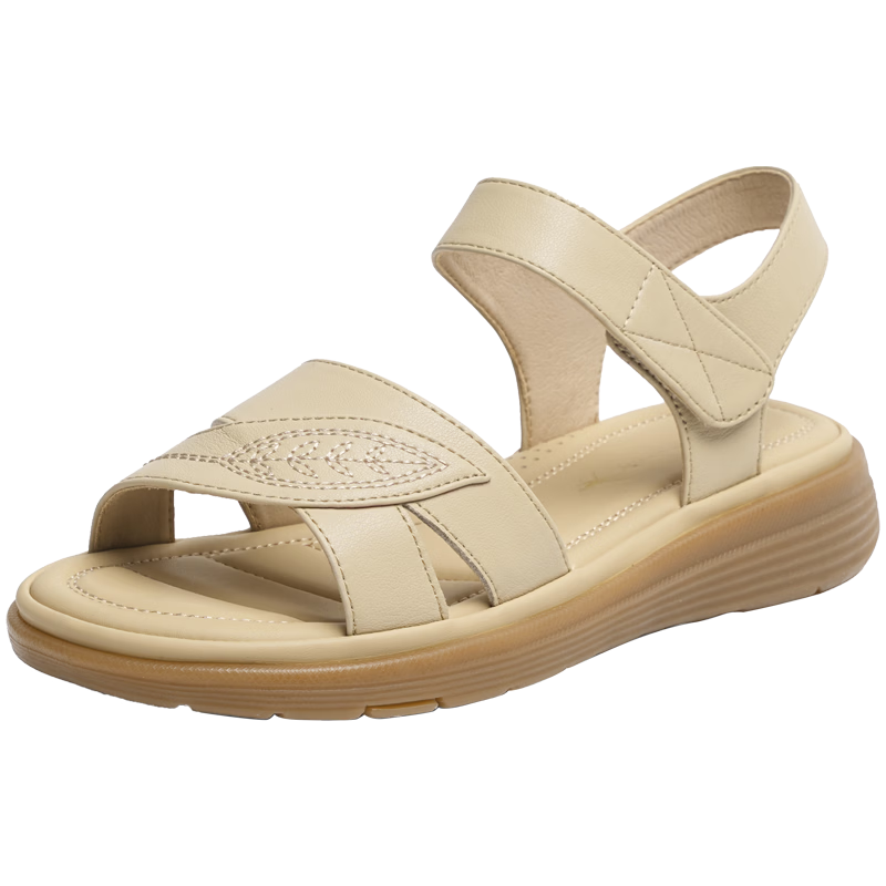 RED DRAGONFLY Mom's Sandals, Summer Soft-Soled Non-Slip Middle-Aged And Elderly Sandals, Comfortable Flat Shoes WJK24842 Beige Size 36