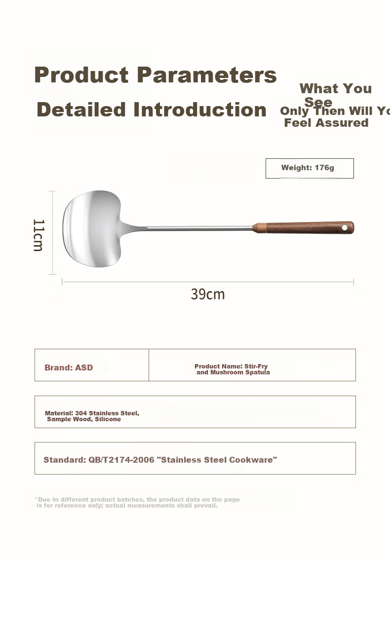 ASD Stainless Steel Mushroom Shaped Spatula Cooking Spoon Large Chinese Iron Wok Turner Food Grade Household Frying Spatula 15