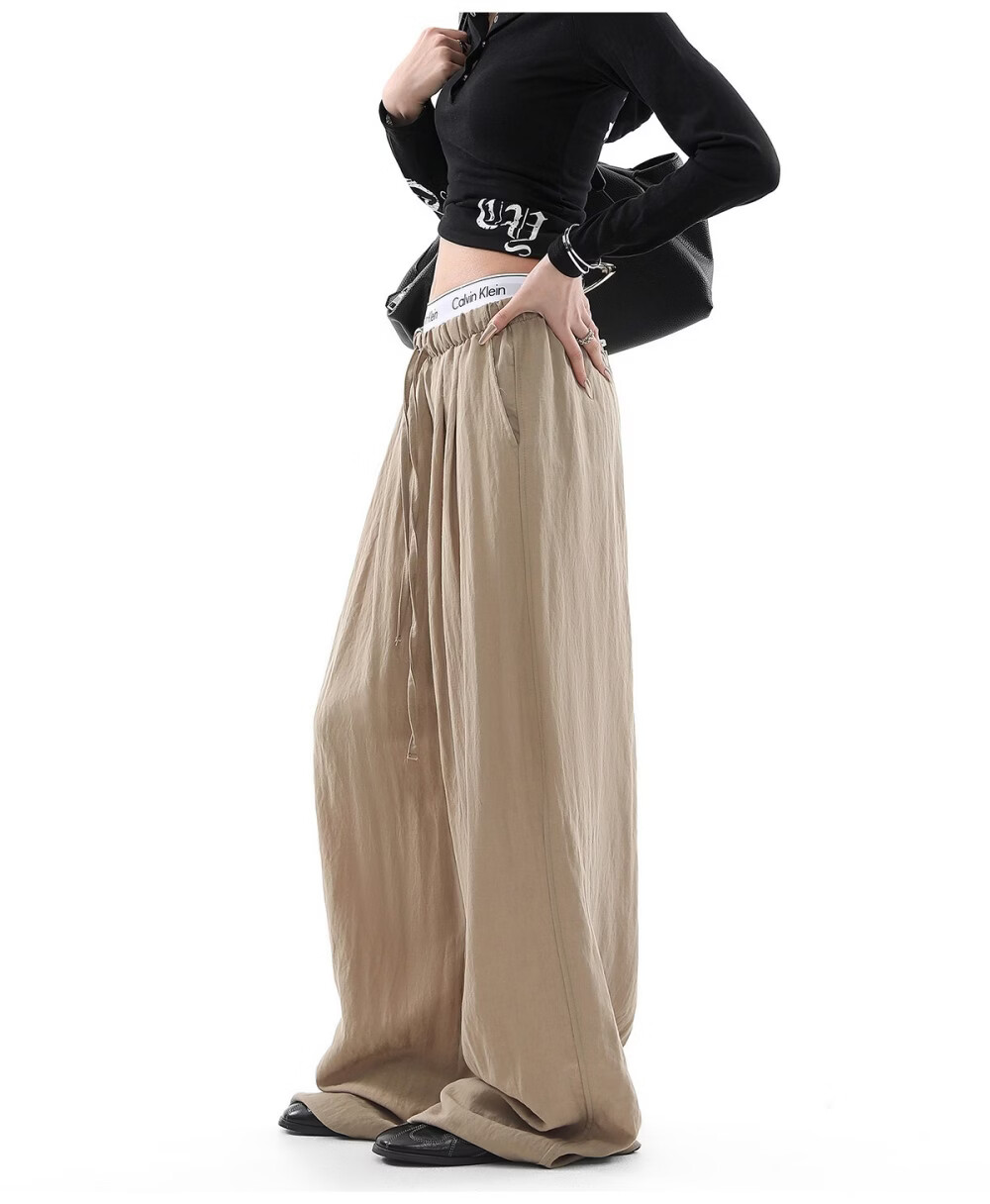 ICH MODE Women's Draped Linen Casual Pants New Loose Straight Wide-Leg Trousers Sports Pants Four Seasons Navy Blue S 26