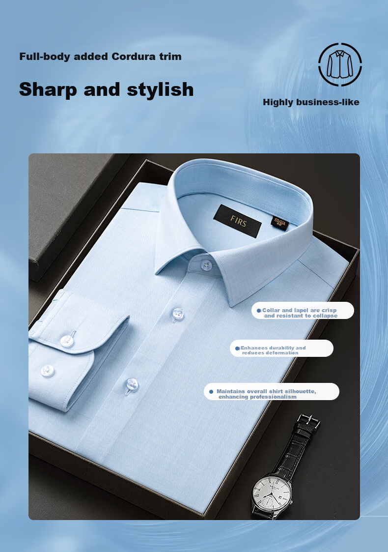 FIRS Copper Ammonia Wrinkle-Free + Antibacterial Men's Long Sleeve Casual Business Stretch Easy-Care Shirt Blue 38 4