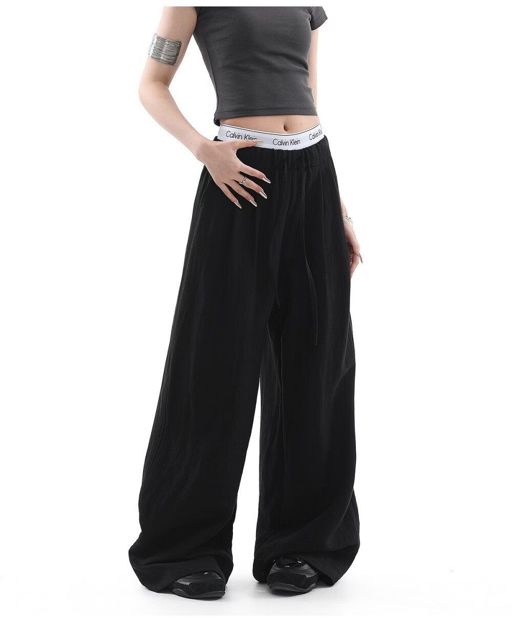 ICH MODE Women's Draped Linen Casual Pants New Loose Straight Wide-Leg Trousers Sports Pants Four Seasons Navy Blue S 15