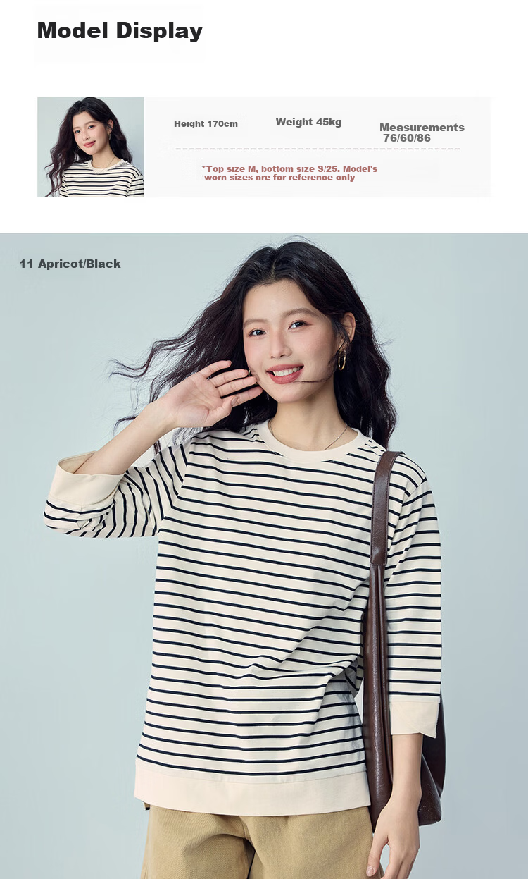 Giordano Women's T-Shirt 2026 Summer Cotton Striped Round Neck High-Low Hem 3/4 Sleeve Top 05326387 10