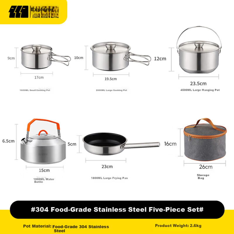 TAN XIAN ZHE 304 Stainless Steel Outdoor Cookware Set with Cassette Stove Camping Full Set Cooking Pot Kettle