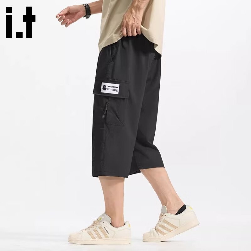 Fingercroxx IT American Workwear Casual Pants Men's Summer Lightweight Breathable Loose Fit Cropped Pants Black M