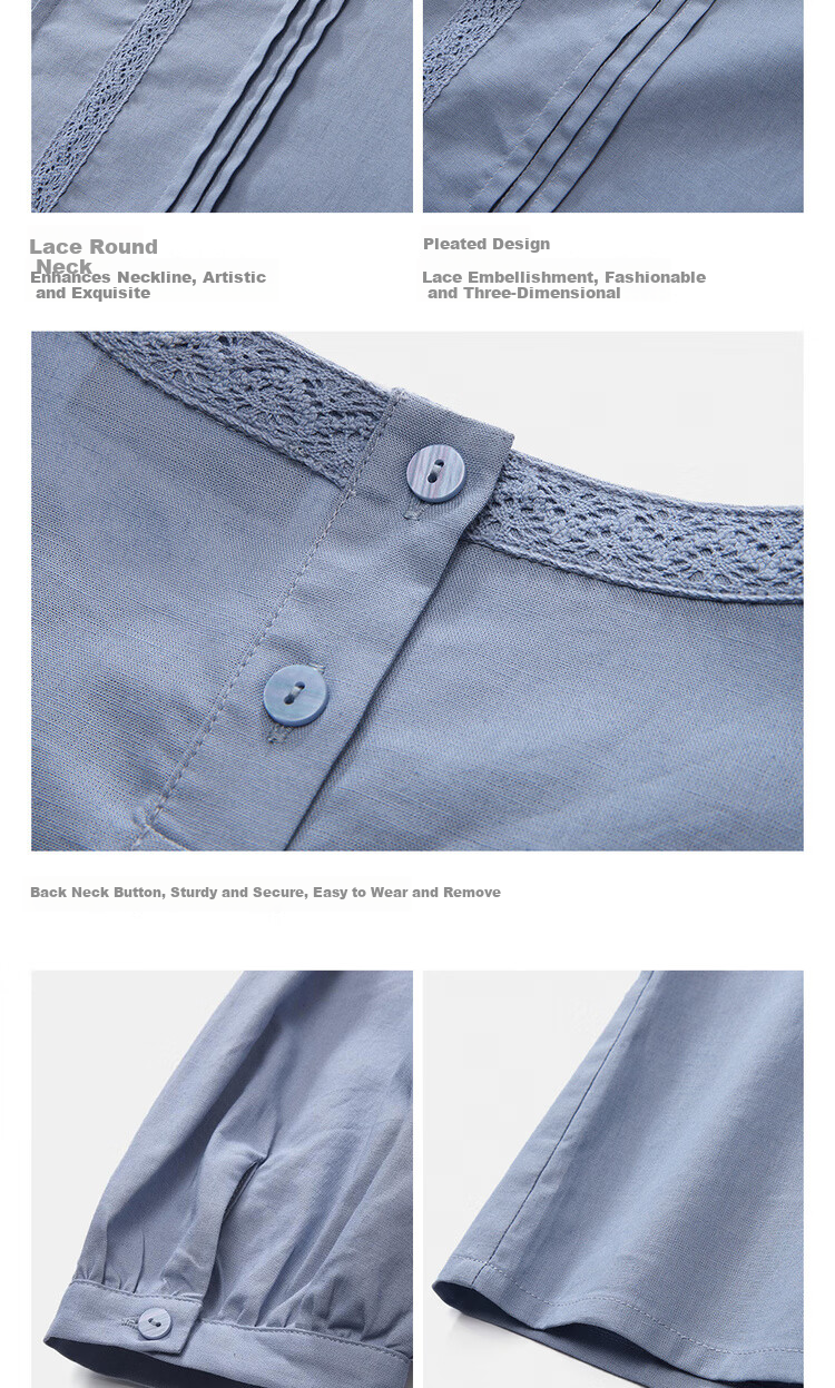 Giordano 2026 Summer New Cotton Linen Pleated Lace Loose Round Neck Mid Sleeve Linen Shirt for Women 13346226 11