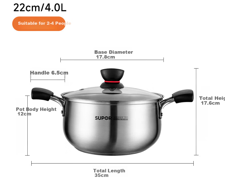 SUPOR Small Red Circle 304 Stainless Steel Soup Pot, Milk Pot, Noodle Cooking Pot, 24cm Noodle Cooking Pot with Reinforced Bottom, Compatible with Induction Cooker ST24H1 26