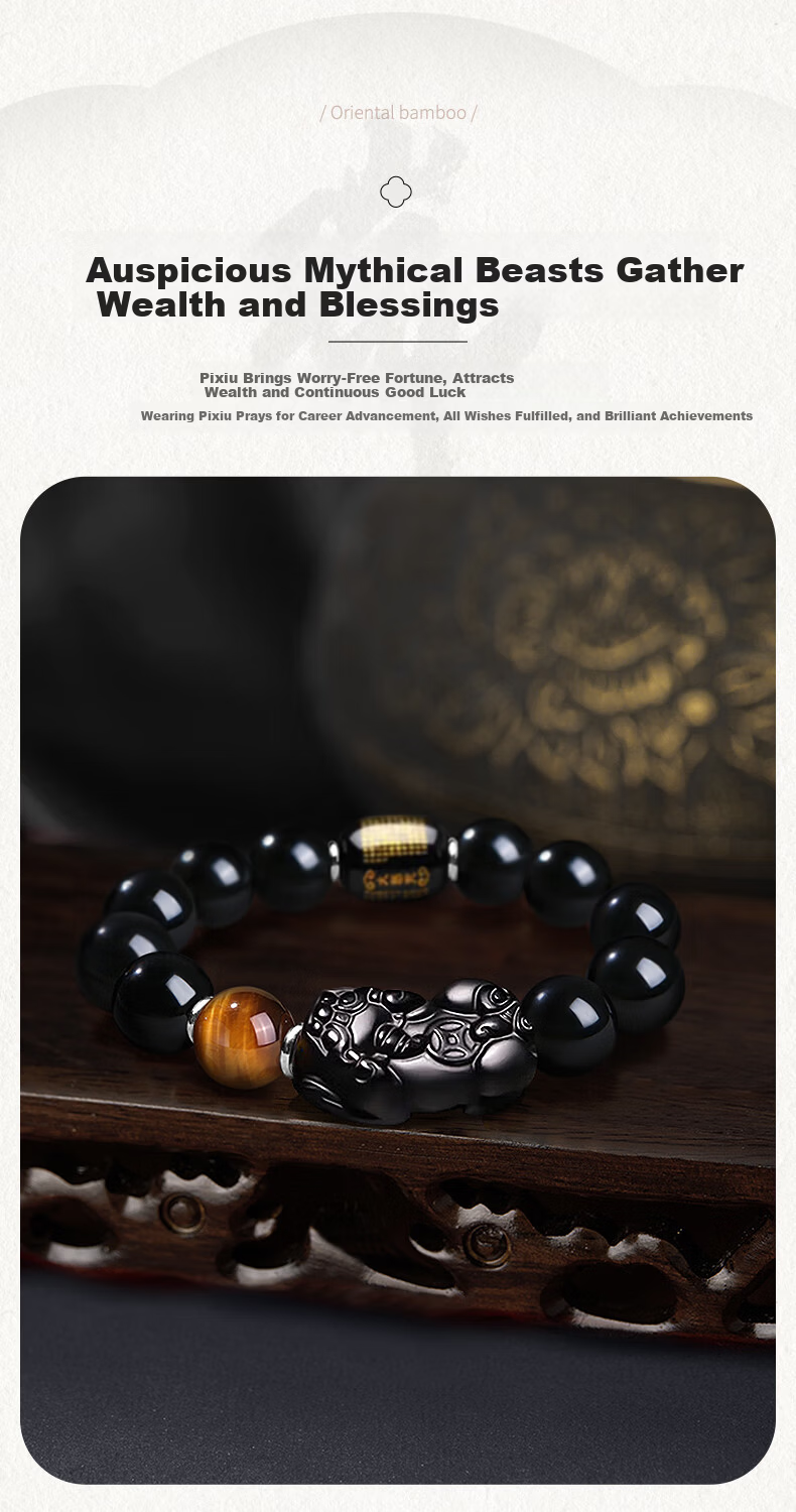 Chow Tai King Fortune Pixiu Black Obsidian Beaded Bracelet Men's Lucky Charm Luxury Wristband Practical Birthday Gift for Boyfriend Husband 5