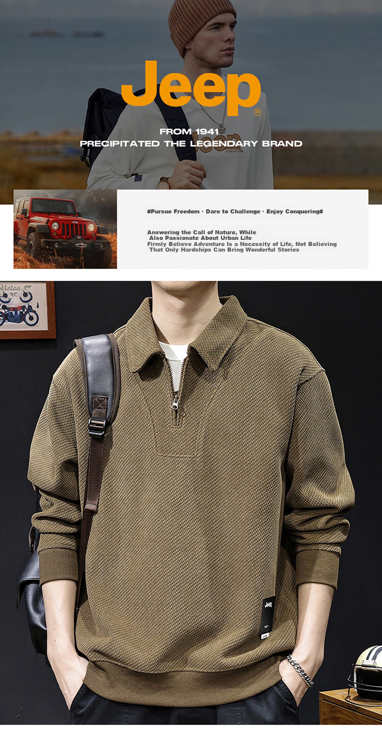 JEEP Men's Heavyweight Spring Autumn High-End Loose Long Sleeve Polo Shirt Black 3XL 1